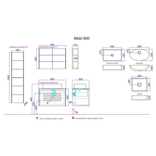 Aqwella Mobi фасад тумбы под умывальник, цвет бетон светлый, 80 см