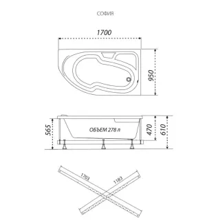 Акриловая ванна Triton София Щ0000046665 правая 170x95 см на Х-каркасе белый