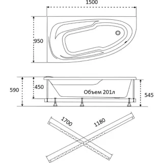 Акриловая ванна 1ACReal Мадрид Щ0000045644 правая обрезанная 150x95 см белый