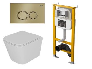 Комплект DQ Унитаз подвесной безободковый (торнадо) DT1436516 белый, Инсталляция DI8050127, Клавиша смыва DB1529007 матовое золото (DS1431633)