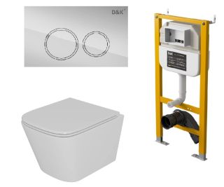 Комплект DQ Унитаз подвесной безободковый (торнадо) белый DT1436516, Инсталляция DI8050127, Клавиша смыва DB1529001, хром (DS1431621)