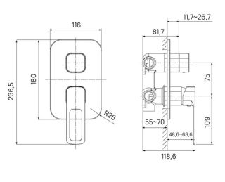 Встраиваемый смеситель с тремя выходами IDDIS Slide SLIBL00i68 чёрный матовый