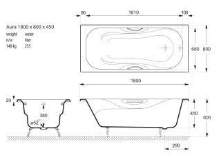 Ванна чугунная Vinsent Veron Aura VAU1808045H 180x80см с отверстиями для ручек