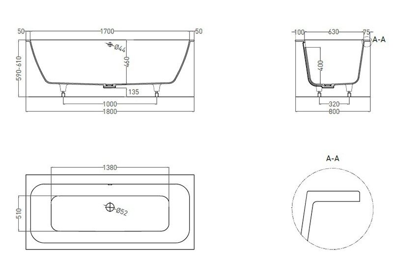 Ванна из искусственного камня Salini Orlanda Axis Kit S-Sense 103312M 180x80см белый матовый