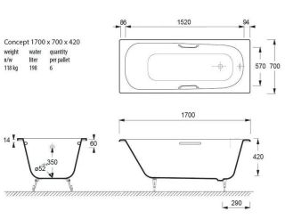 Ванна чугунная Vinsent Veron Concept VCO1707042H 170x70см с отверстиями для ручек