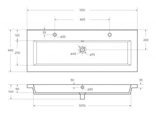 Раковина керамическая с двумя отверстиями под смеситель, 120 см CEZARES CZR-8070-120-1-2