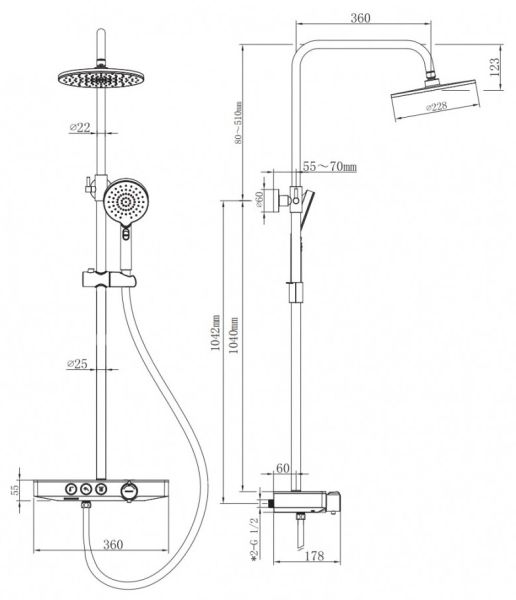 Душевая стойка Berges Morans 075002 с изливом и термостатом чёрный матовый