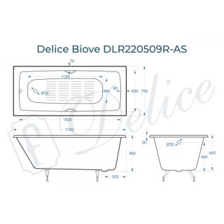 Ванна чугунная Delice Biove DLR220509R-AS 170x75 с ручками