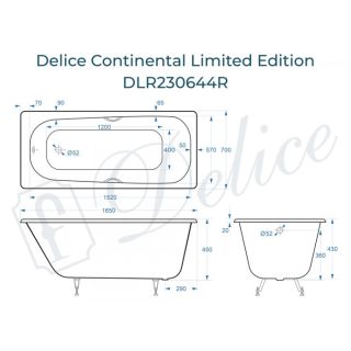 Ванна чугунная Delice Continental Limited Edition DLR230644R 165х70 с отверстиями под ручки