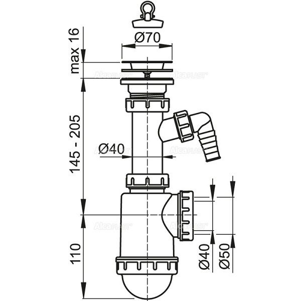 Сифон для мойки AlcaPlast c нержавеющей решеткой ?70 и подводкой A441P-DN50/40