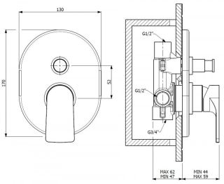 Встраиваемый однорычажный смеситель для душа с переключателем на 2 выхода, хром Cezares LAGOS-VDIM-01
