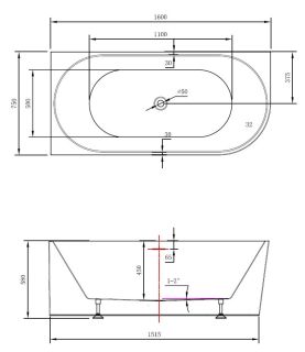 Ванна акриловая Vincea VBT-402-1600R, 1600*750*580, цвет белый, правая, щелевой перелив