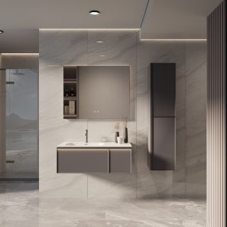 База под раковину Vincea Elise 1000 подвесная, левая, 2 выкатных ящика soft-close, серый матовый